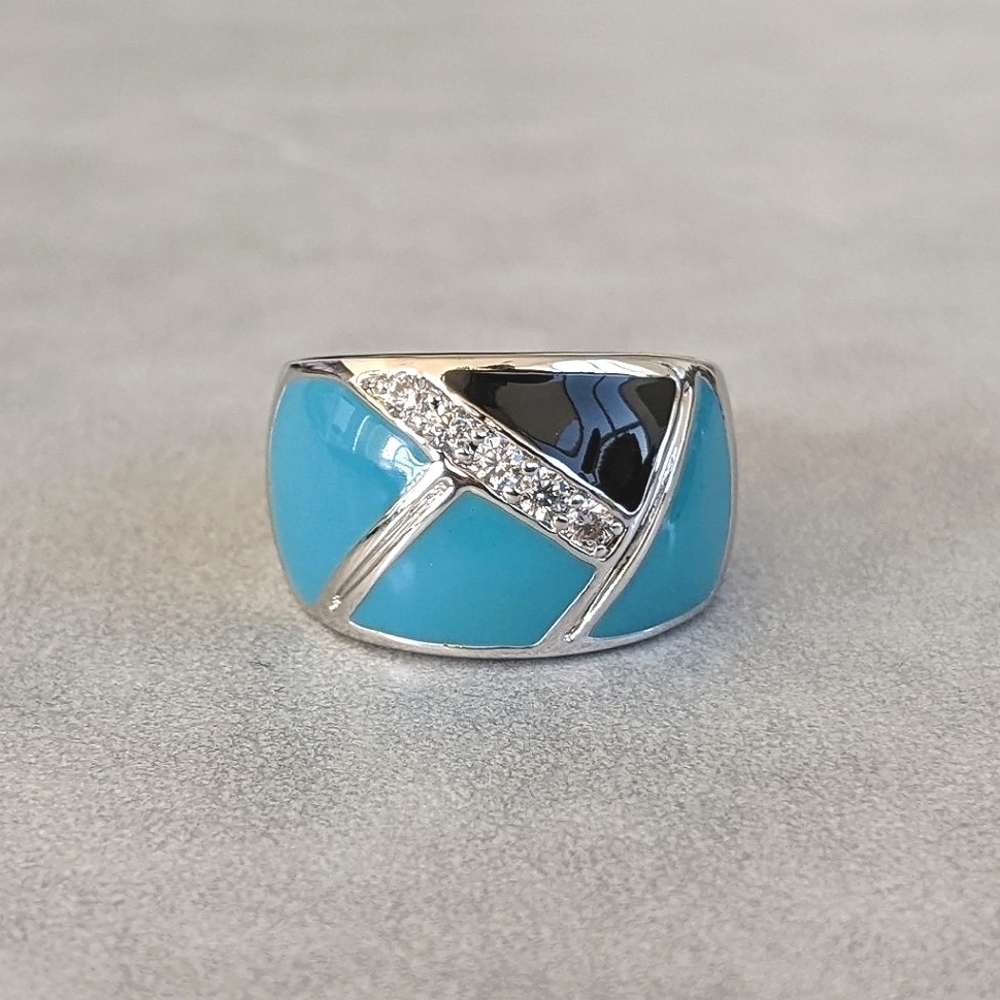 Y2K Turquoise Black Enamel Dome Ring SZ 5.25 | Vintage CZ Pinky Ring Silver